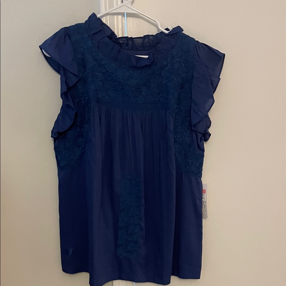 Chic Navy Ruffle Sleeve Blouse